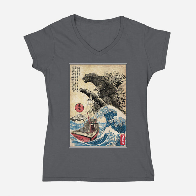 Orca In Japan Woodblock-Womens-V-Neck-Tee-DrMonekers