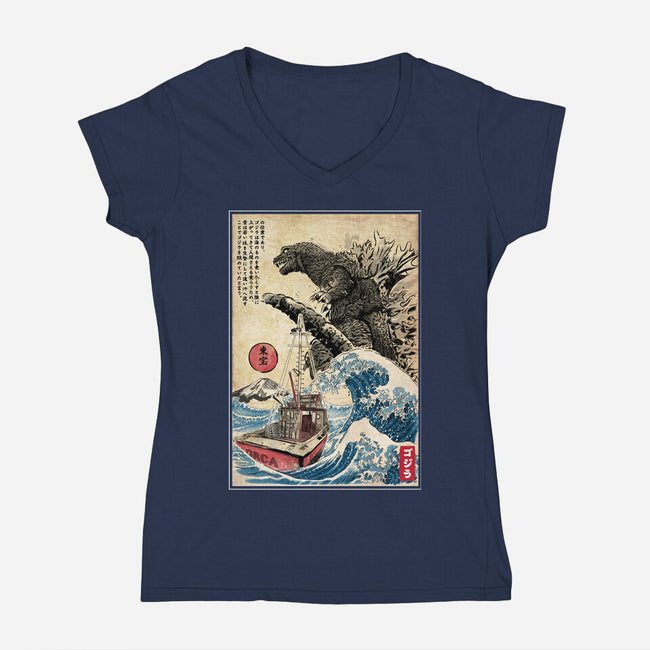 Orca In Japan Woodblock-Womens-V-Neck-Tee-DrMonekers