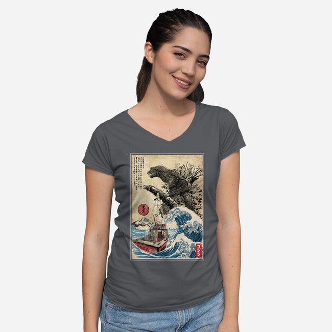 Orca In Japan Woodblock-Womens-V-Neck-Tee-DrMonekers