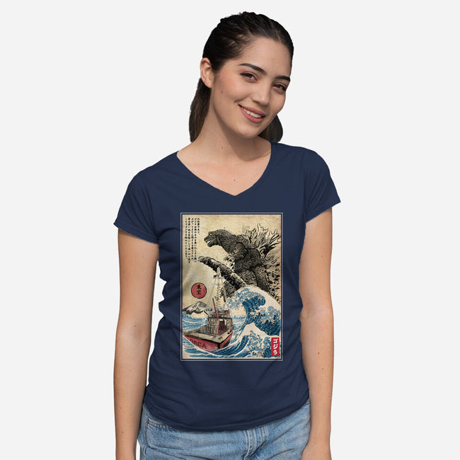 Orca In Japan Woodblock-Womens-V-Neck-Tee-DrMonekers