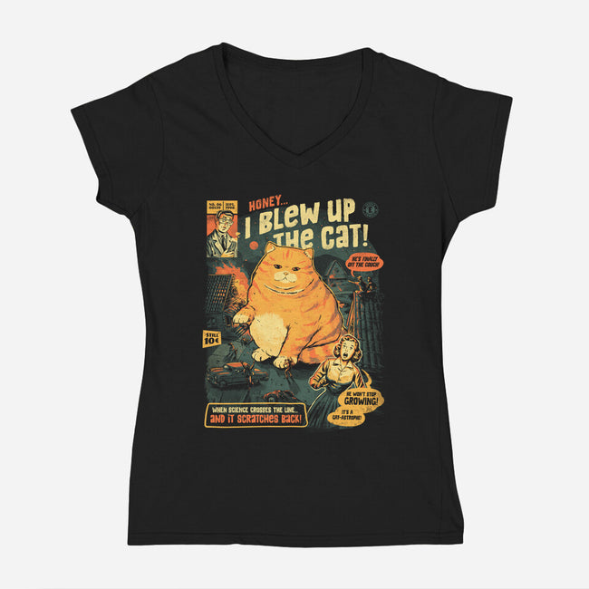 Honey I Blew Up The Cat-Womens-V-Neck-Tee-eduely