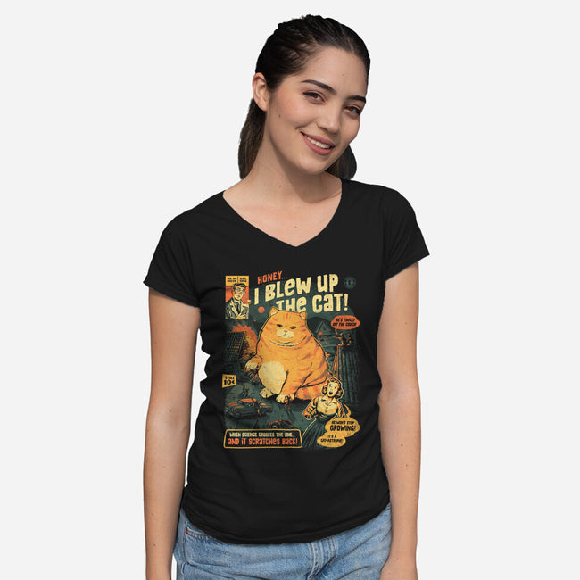 Honey I Blew Up The Cat-Womens-V-Neck-Tee-eduely