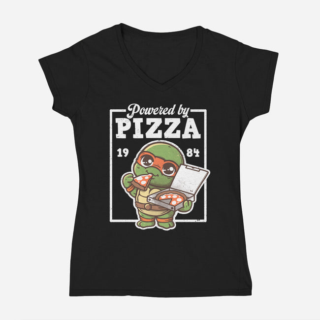 Turtle Powered By Pizza-Womens-V-Neck-Tee-NemiMakeit