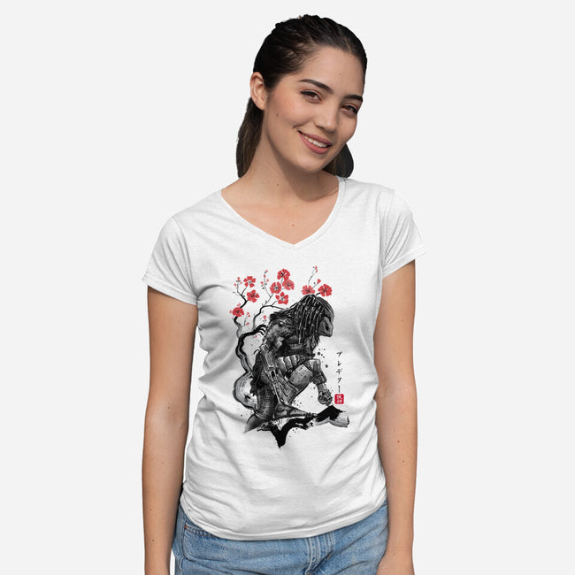 Jungle Hunter Sumi-e-Womens-V-Neck-Tee-DrMonekers