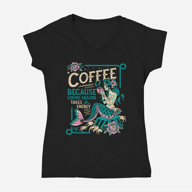 Coffee Mermaid-Womens-V-Neck-Tee-Nemons