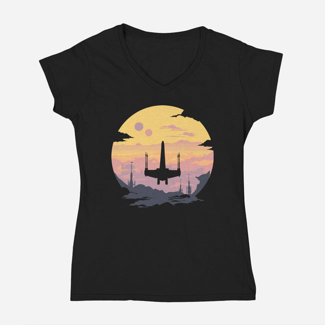 Rogue Fighter-Womens-V-Neck-Tee-rocketman_art