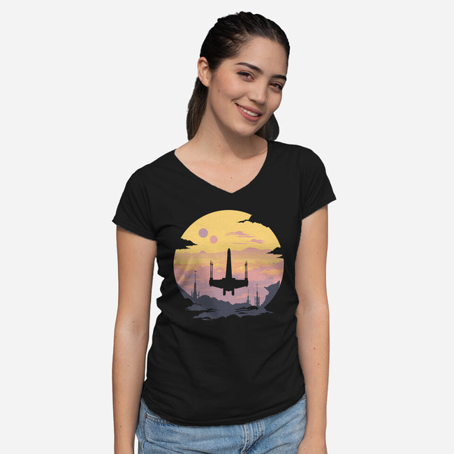 Rogue Fighter-Womens-V-Neck-Tee-rocketman_art
