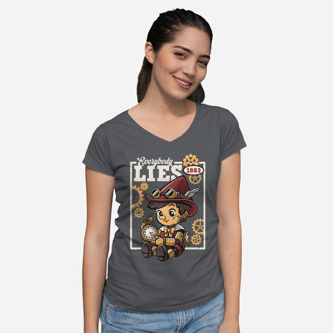 Pinocchio Steampunk Lies-Womens-V-Neck-Tee-NemiMakeit