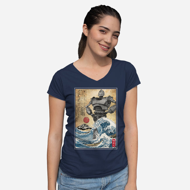 The Iron Giant In Japan Woodblock-Womens-V-Neck-Tee-DrMonekers