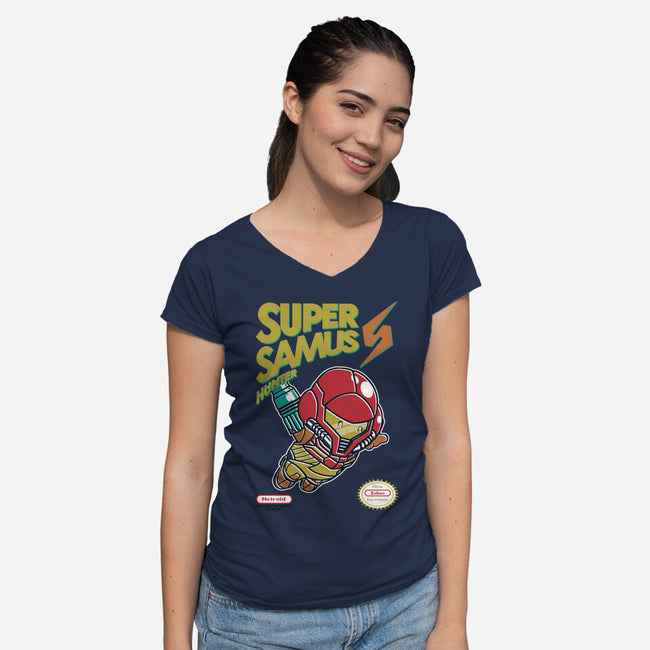 Super Samus Hunter-Womens-V-Neck-Tee-Arinesart