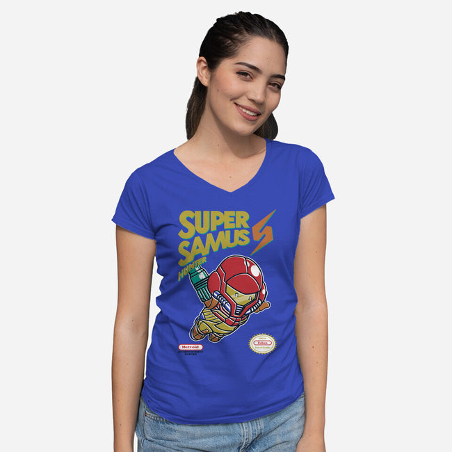 Super Samus Hunter-Womens-V-Neck-Tee-Arinesart