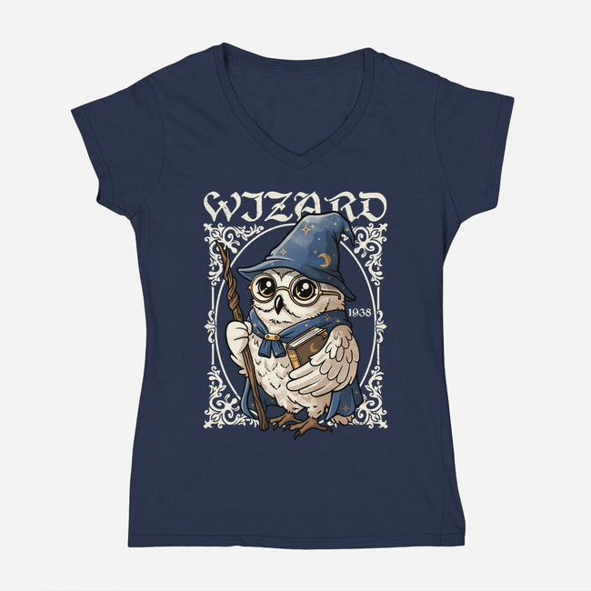 Owl Wizard Merlin-Womens-V-Neck-Tee-NemiMakeit