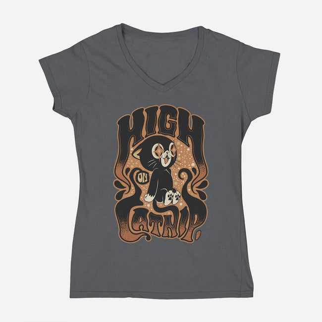 High On Catnip-Womens-V-Neck-Tee-Popnotic