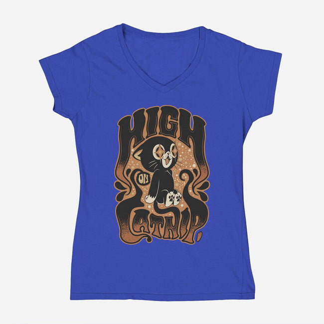 High On Catnip-Womens-V-Neck-Tee-Popnotic