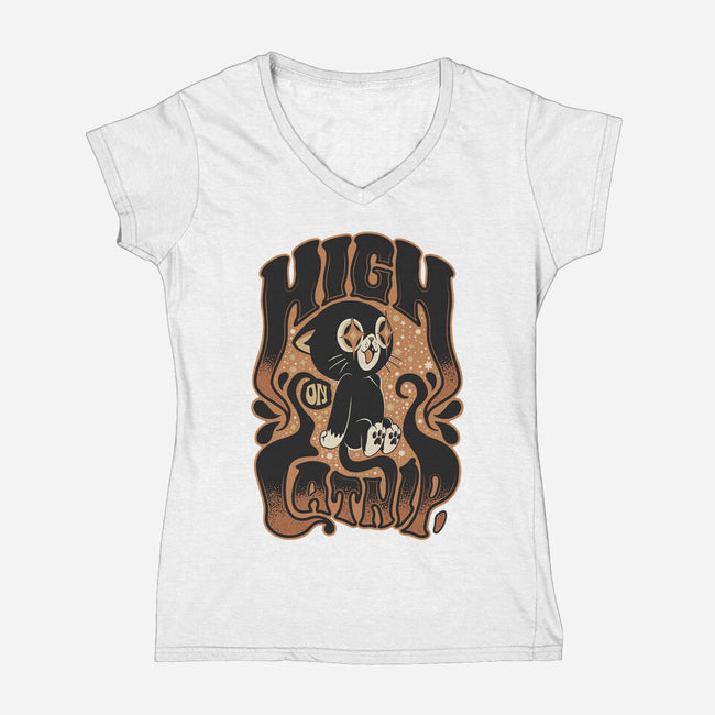High On Catnip-Womens-V-Neck-Tee-Popnotic