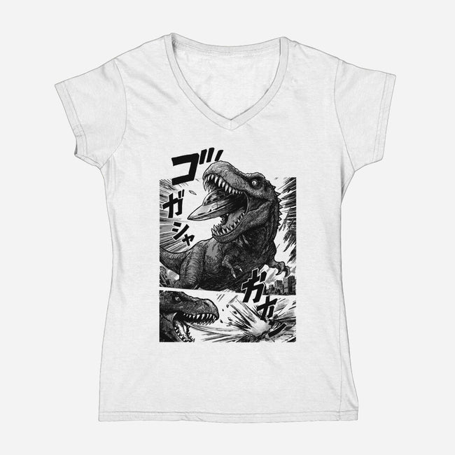 T-rex Vs Ufo-Womens-V-Neck-Tee-fanfabio