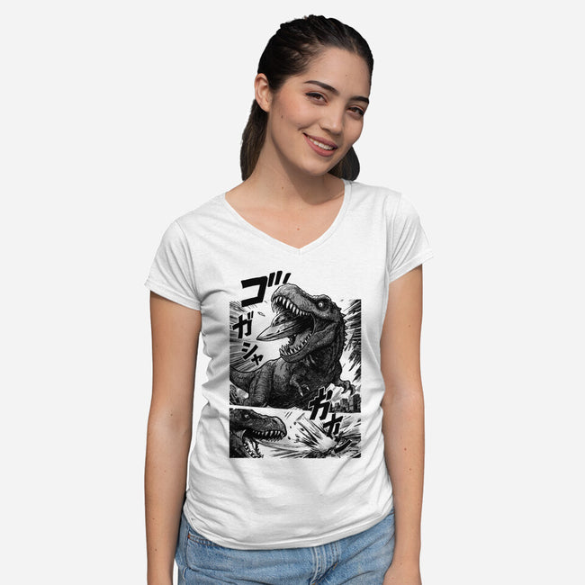 T-rex Vs Ufo-Womens-V-Neck-Tee-fanfabio