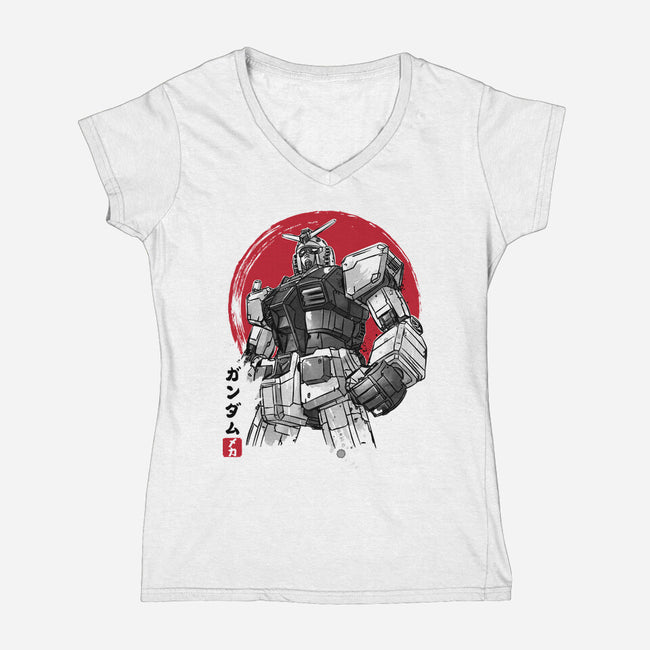 Gundam Sumi-e-Womens-V-Neck-Tee-DrMonekers