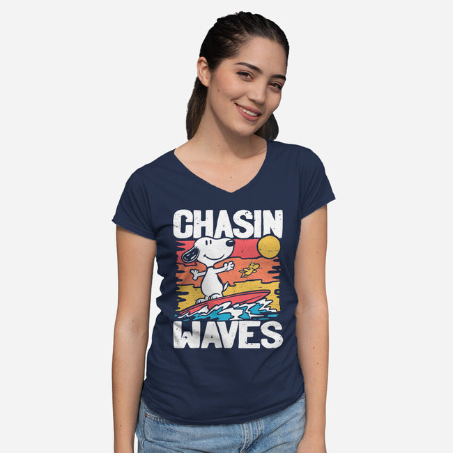 Beagle Summer Surf-Womens-V-Neck-Tee-Studio Mootant