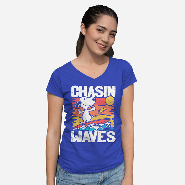 Beagle Summer Surf-Womens-V-Neck-Tee-Studio Mootant