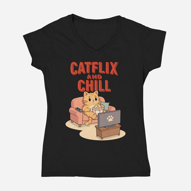 Catflix And Chill-Womens-V-Neck-Tee-Tri haryadi