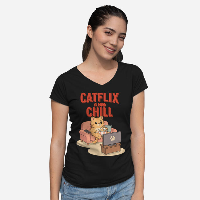 Catflix And Chill-Womens-V-Neck-Tee-Tri haryadi