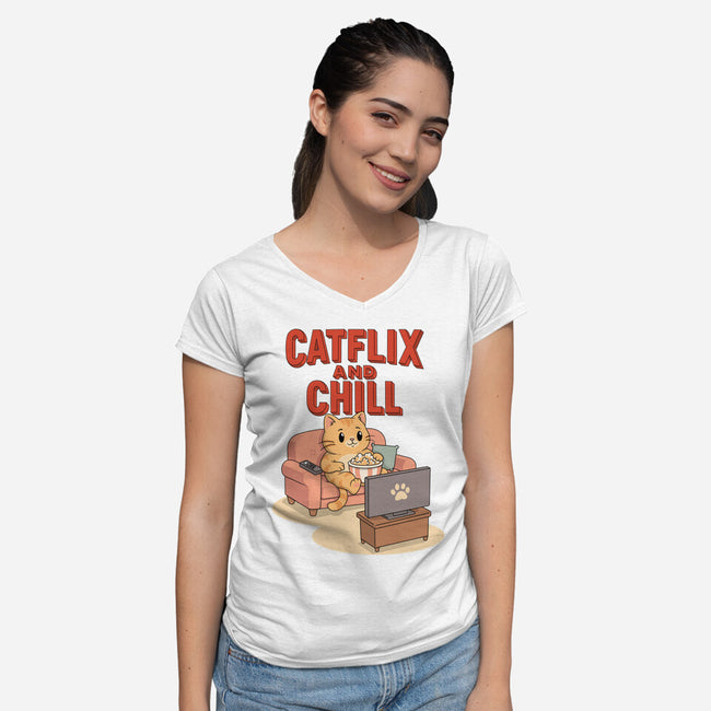 Catflix And Chill-Womens-V-Neck-Tee-Tri haryadi