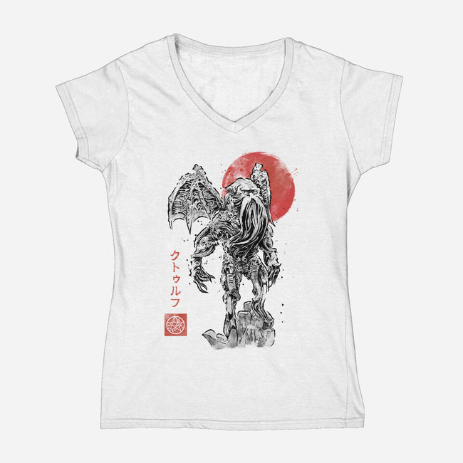 Cthulhu Sumi-E-Womens-V-Neck-Tee-Astrobot Invention