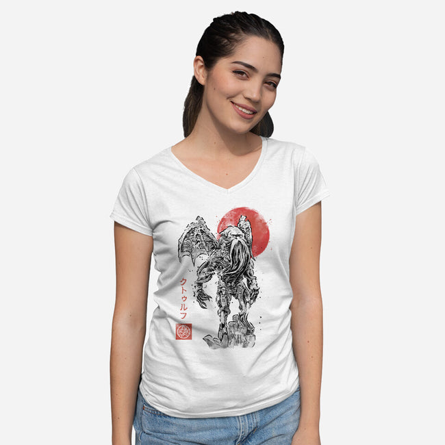 Cthulhu Sumi-E-Womens-V-Neck-Tee-Astrobot Invention