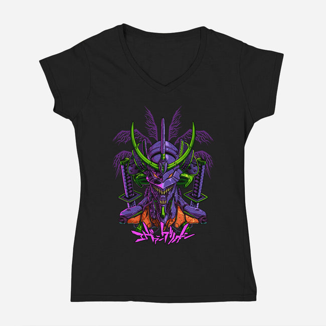 Evangelion Samurai-Womens-V-Neck-Tee-sarudrawss