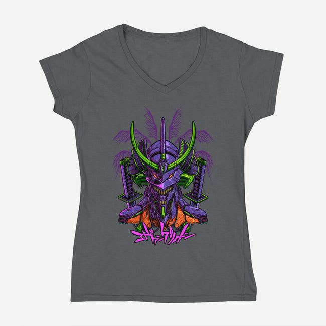 Evangelion Samurai-Womens-V-Neck-Tee-sarudrawss