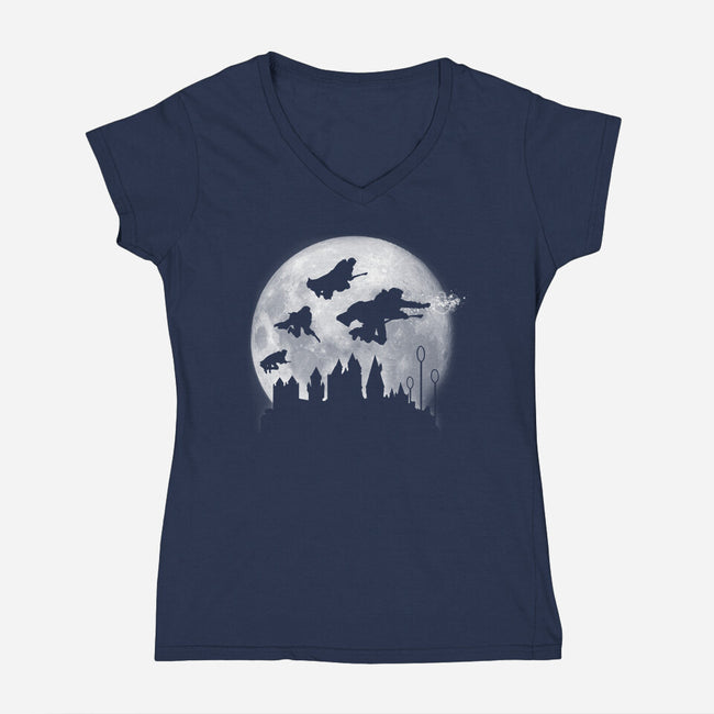 Full Moon Over Hogwarts-Womens-V-Neck-Tee-DrMonekers