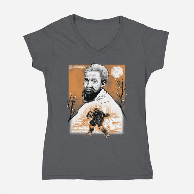 Renaissance Ninja Michelangelo Sumi-E-Womens-V-Neck-Tee-Astrobot Invention
