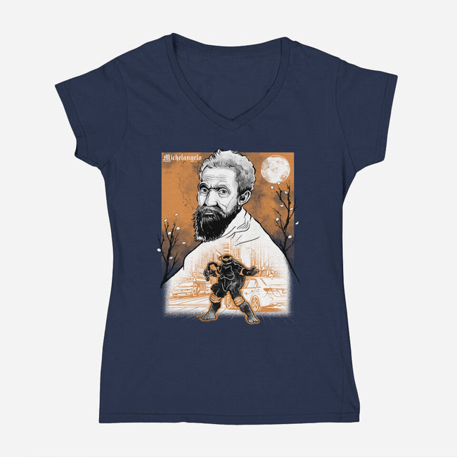 Renaissance Ninja Michelangelo Sumi-E-Womens-V-Neck-Tee-Astrobot Invention