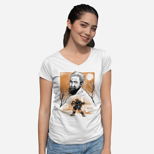 Renaissance Ninja Michelangelo Sumi-E-Womens-V-Neck-Tee-Astrobot Invention