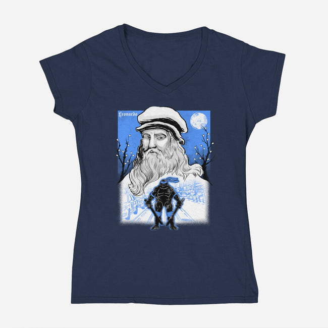Renaissance Ninja Leonardo Sumi-E-Womens-V-Neck-Tee-Astrobot Invention