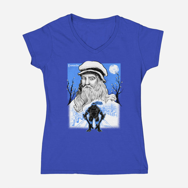 Renaissance Ninja Leonardo Sumi-E-Womens-V-Neck-Tee-Astrobot Invention