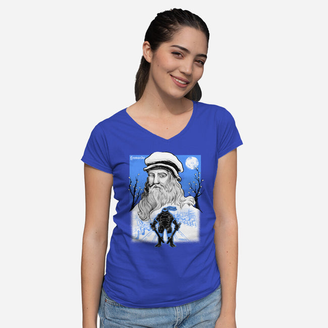 Renaissance Ninja Leonardo Sumi-E-Womens-V-Neck-Tee-Astrobot Invention