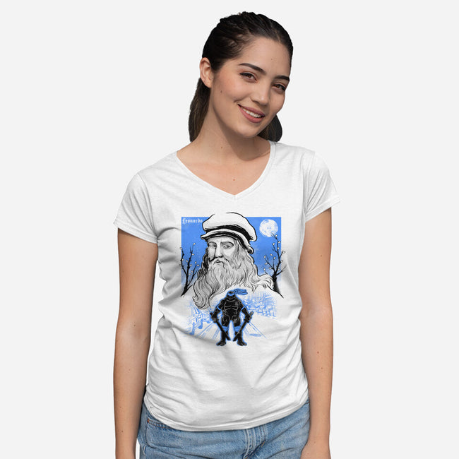 Renaissance Ninja Leonardo Sumi-E-Womens-V-Neck-Tee-Astrobot Invention