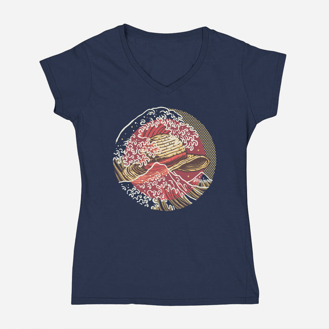 Straw Hat Wave-Womens-V-Neck-Tee-glitchygorilla
