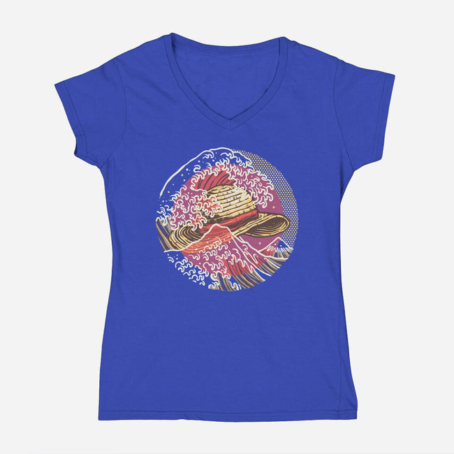 Straw Hat Wave-Womens-V-Neck-Tee-glitchygorilla