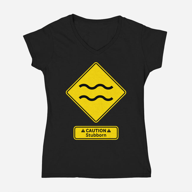 Caution Stubborn-Womens-V-Neck-Tee-imisko