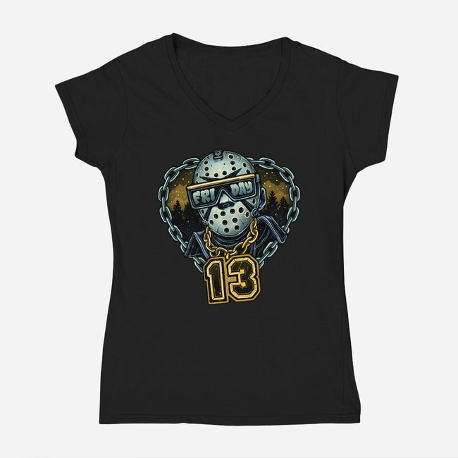 Friday Madness-Womens-V-Neck-Tee-glitchygorilla