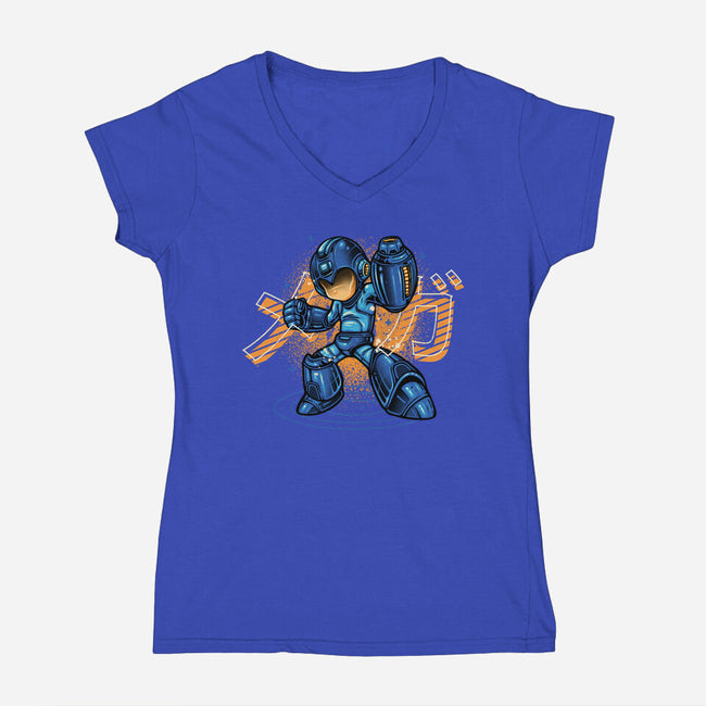 Mega Blast-Womens-V-Neck-Tee-glitchygorilla