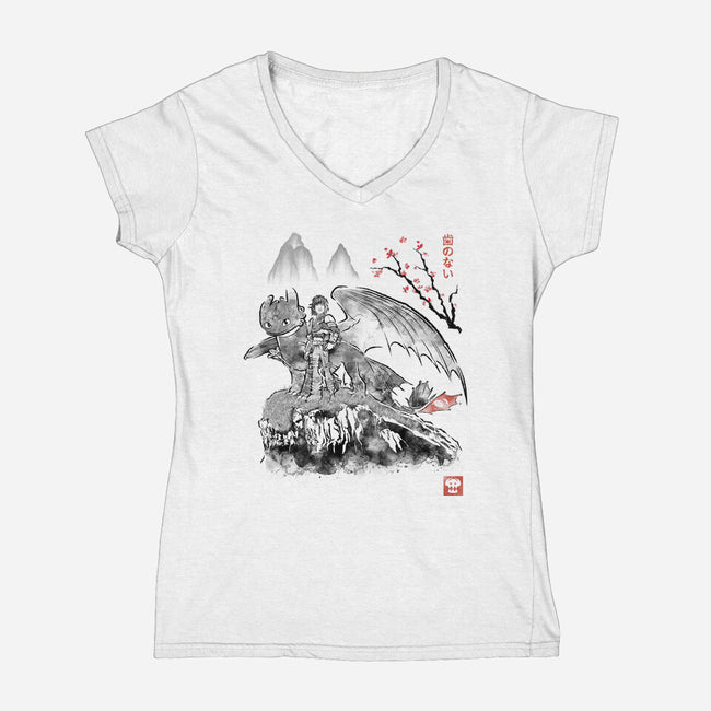 Toothless Sumi-e-Womens-V-Neck-Tee-Astrobot Invention