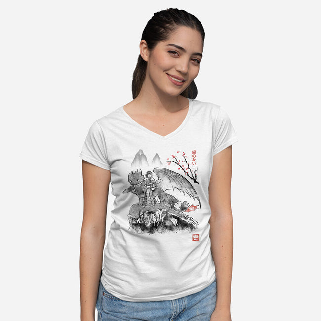 Toothless Sumi-e-Womens-V-Neck-Tee-Astrobot Invention