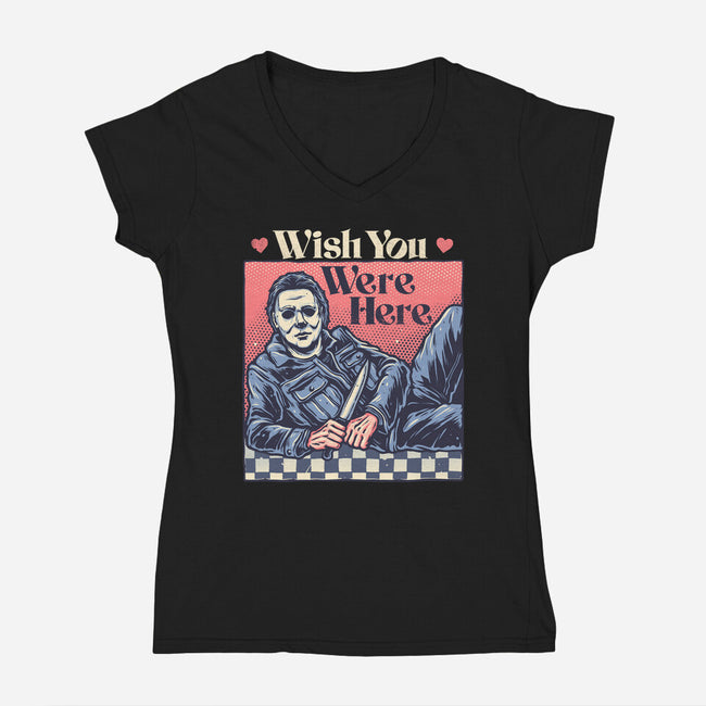 Wish You Were Here-Womens-V-Neck-Tee-glitchygorilla