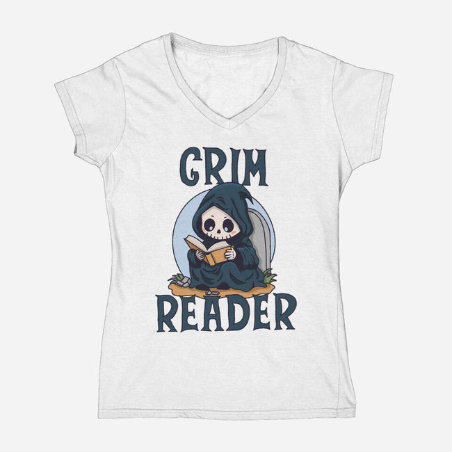 Grim Reader-Womens-V-Neck-Tee-Loobs