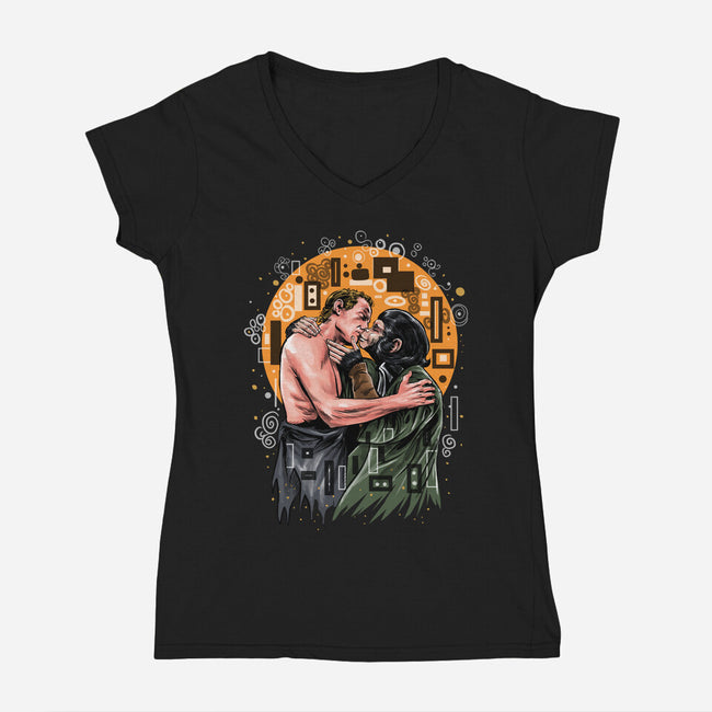 Kiss For The Planet Of The Apes-Womens-V-Neck-Tee-zascanauta