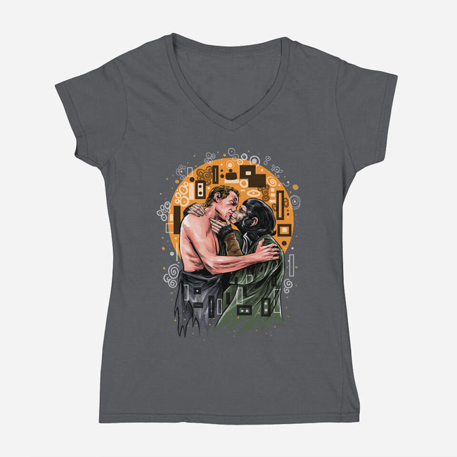 Kiss For The Planet Of The Apes-Womens-V-Neck-Tee-zascanauta